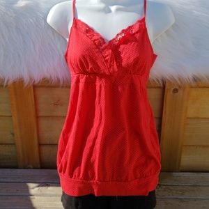 Lace Trimmed Tank Top by Charlotte Russe in Red with White Polka Dots